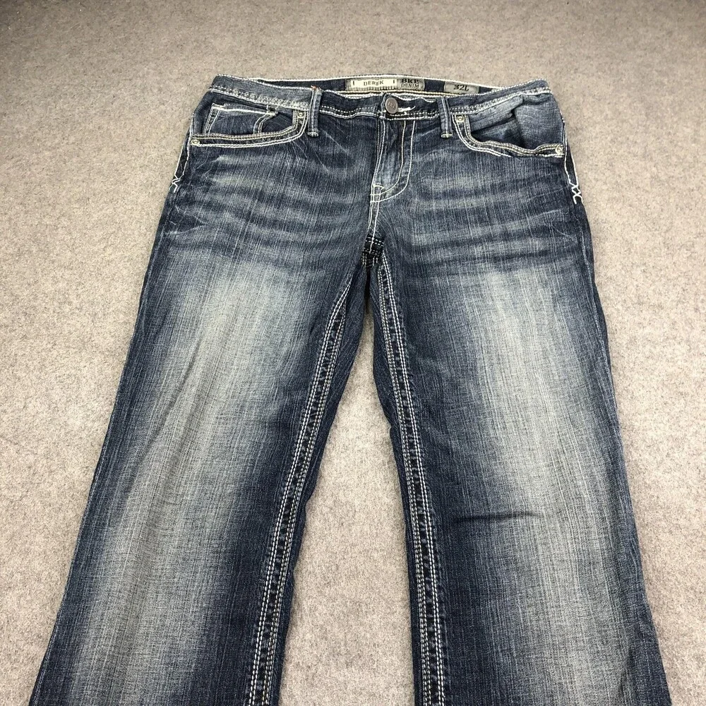 BKE Derek Jeans Mens 34x34 Blue Medium Wash Bootcut Denim Distressed Pants